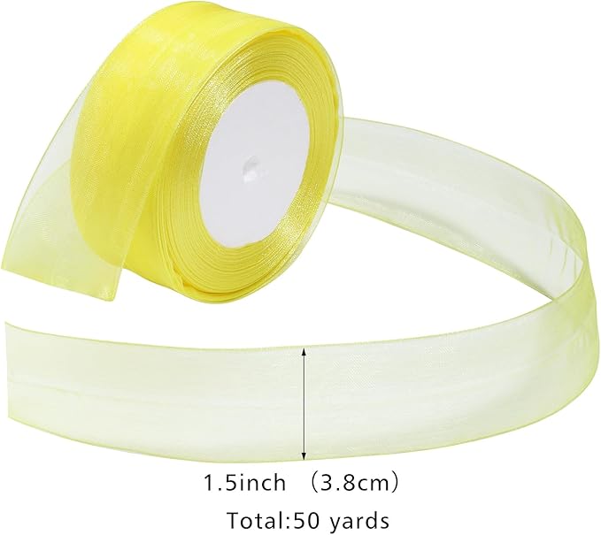 Yellow Ribbon for Gift Wrapping 1-1/2 inch Sheer Organza Ribbon for Flower Bouquet Tulle Chiffon Ribbons for Wedding Invitations Christmas Decorations Crafts 50 Yards