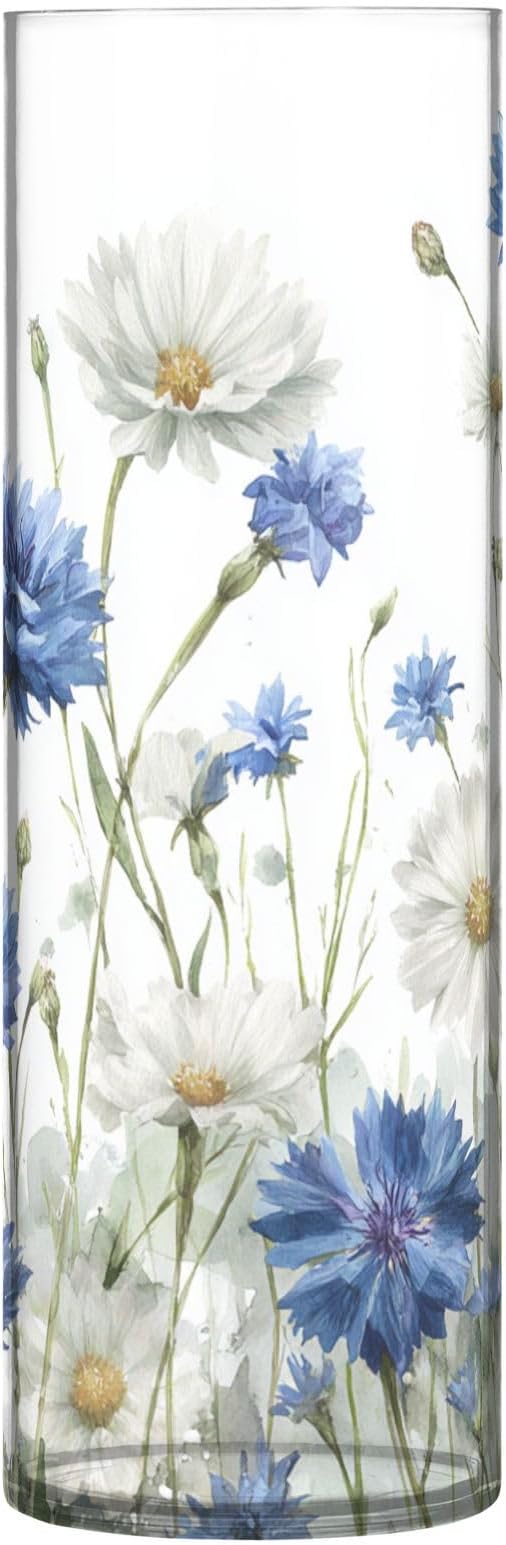 Flower Vase Clear Plastic Cylinder Vases Decor for Centerpieces Home Storage Office Weddings Blue Cornflower White Daisy Flowers 11.8 x 3.9 in