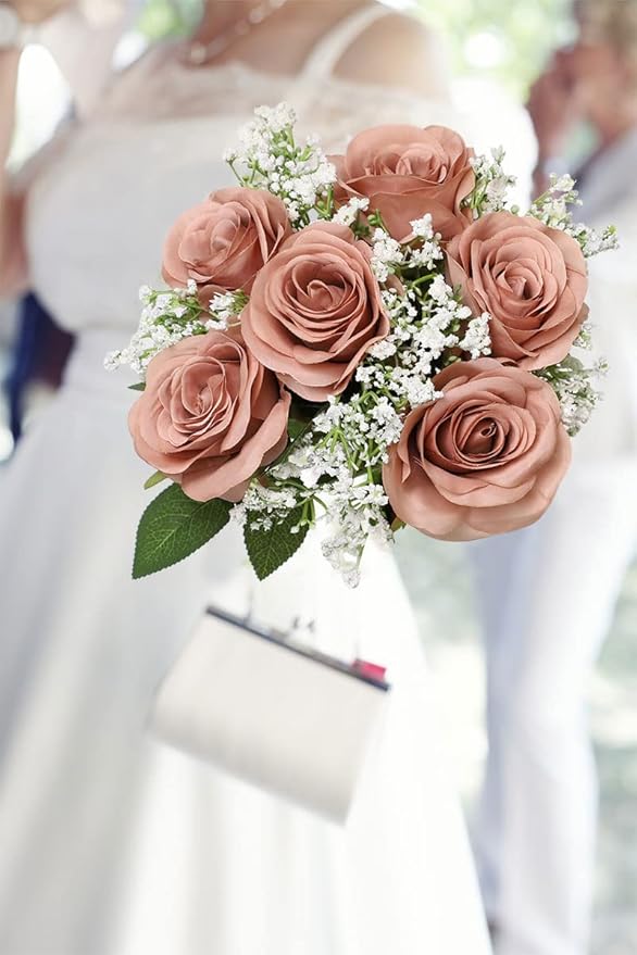 Artificial Rose Flower Artificial Flowers Flower with Long Stem Silk Roses Bouquet for Wedding Bridal Shower Party Home Decoration (Dusty Rose, 12 Pcs)