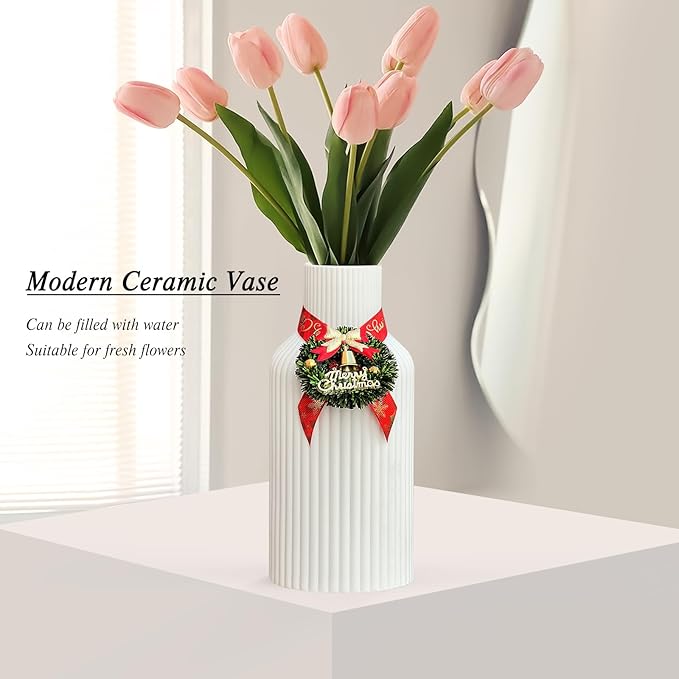 Pure White Ceramic Flower Vase for Christmas, Minimalist Modern Home Decor, Matte Finish Pampas Grass Vase for Table, Fireplace, Shelf, Mantel, Entryway and Centerpieces