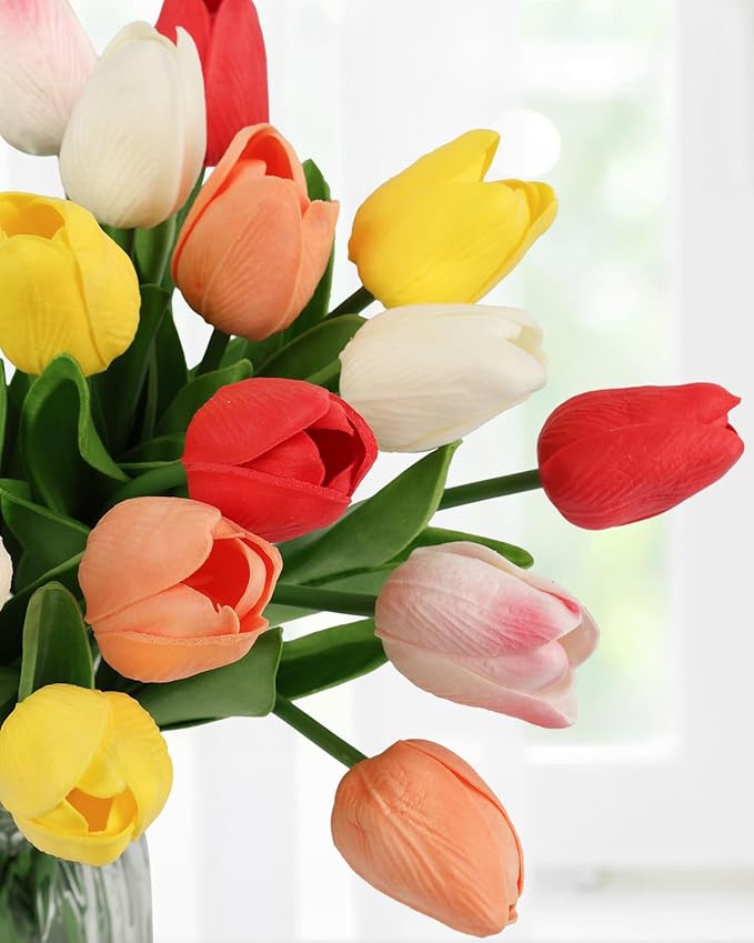 MACTING 30PCS Artificial Tulip Flowers 13.7" Real Touch Fake PU Tulips Bouquet Faux Flowers for Floral Arrangements Table Centerpiece Kitchen Indoor Outdoor Summer Decor (Multi Colors-1)