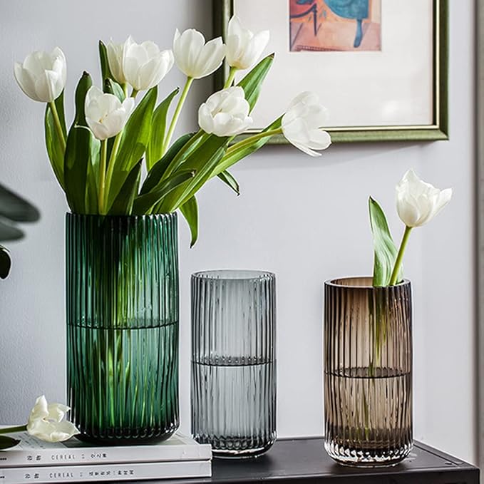 Muyan 7.5" Flower Vase for Decor Ribbed Glass Vase Modern for Centerpieces Desktop Home Office Dining Living Room Wedding (Amber)