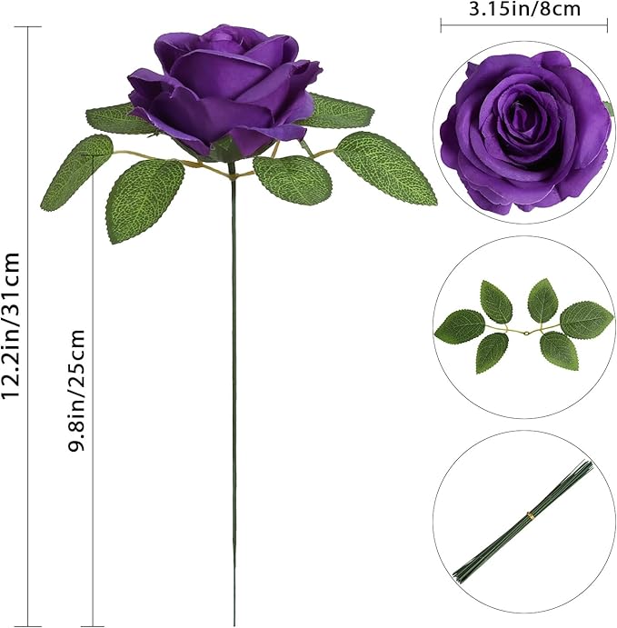 20pcs Purple Roses Artificial Flowers Fake Roses Real Looking Silk Flowers Bulk Big Faux Roses with Stems for Wedding Centerpieces Table Home Party Decor Bridal Floral Arrangements (Purple)