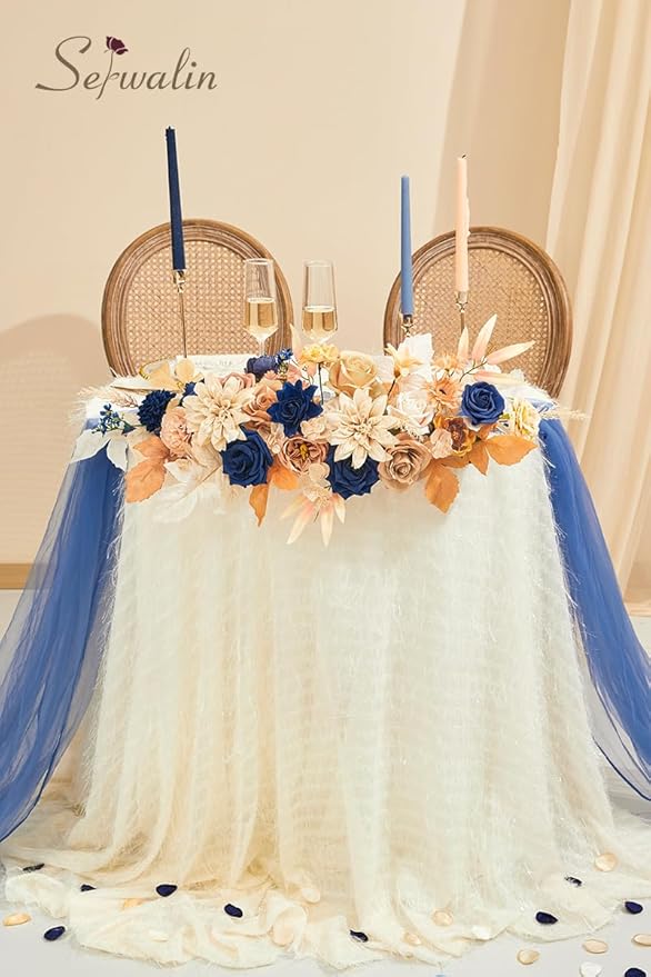 Serwalin Artificial Khaki Brown & Blue Flowers, Silk Fake Flowers for DIY Wedding Bouquets Cake Flower,Table Centerpieces Baby Shower Birthday Party Home Decorations