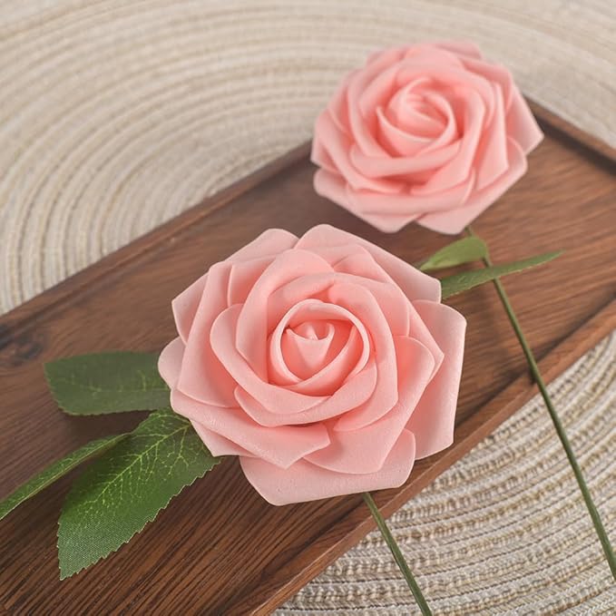 homEdge Artificial Rose, 25pcs Foam Artificial Flowers with Stem for Home Decorations, Wedding Bouquets, Party, Certerpieces, Anniversaries-Blush