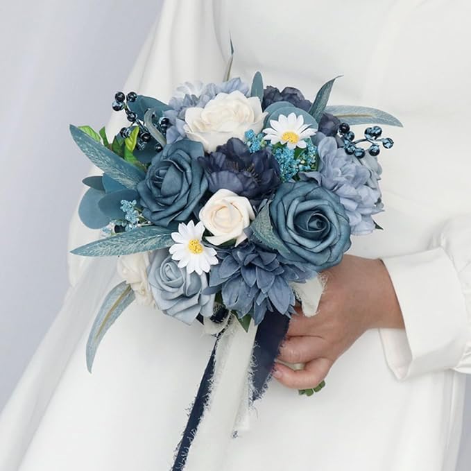 S_SSOY Wedding Bouquet Bride,Bride Bridal Bouquet Bridesmaid Artificial Flowers for Ceremony Anniversary Party Bridal Shower Decoration Wedding Bouquets (Blue)