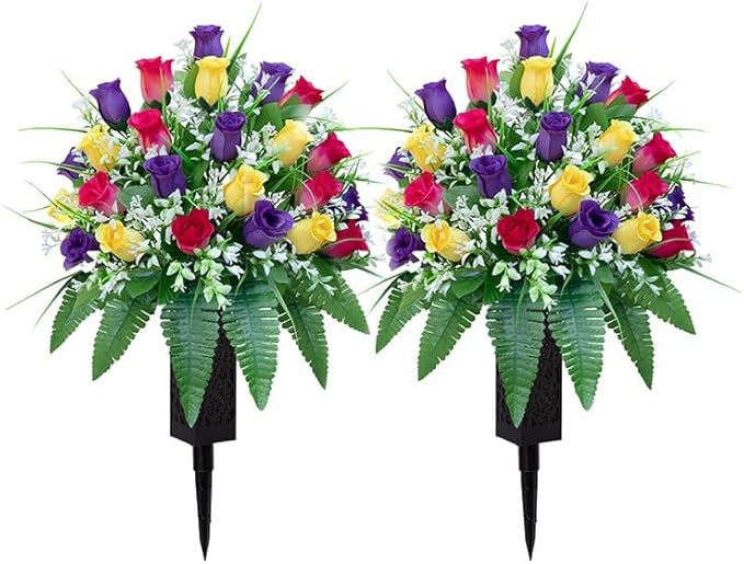 Artificial Cemetery Flowers, Gravesite Decoration Roses, Memorial Bouquets with Cemetery Vase, Vibrant and Long-Lasting Colors (Yellow+Purple+Brilliant Red, 2 Bundles)