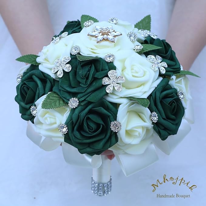 Lightweight Bridal Wedding Bouquet Round Holding Bouquet Throw Toss Artificial Rose Flower Bunch for Bride Bridesmaid Wedding Quinceanera (Cream & Dark Green, 6.7")
