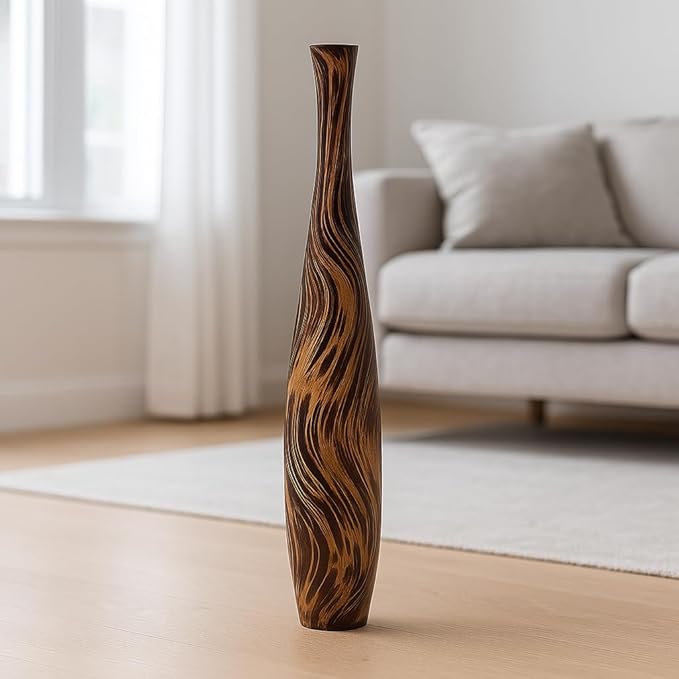 Leewadee Large Brown Light Brown Home Decor Floor Vase – Wooden 34 inches Tall Farmhouse Decor Flower Holder for Fake Plant and Pampas Grass