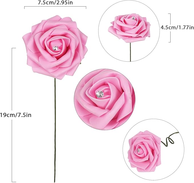 Pink Roses with Crystal 50PCS Artificial Roses with Stems2.95 Realistic Fake Roses Pink Foam Flowers for DIY Craft Corsage Wedding Bridal Shower Centerpieces Table Decor (Pink)