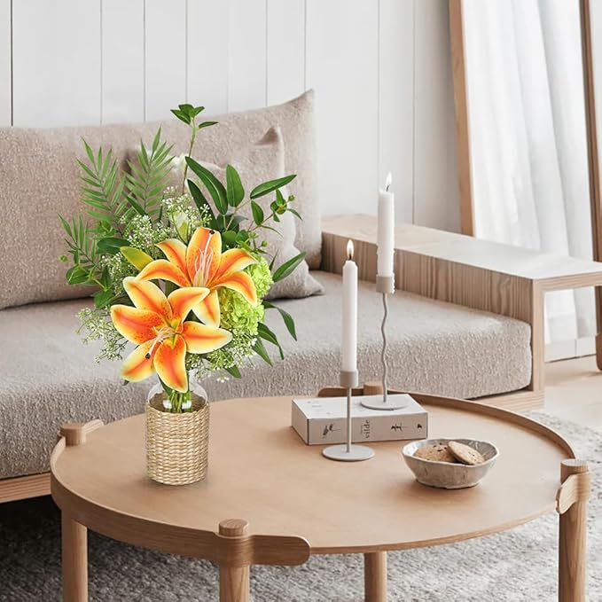 Hollyone Fake Flowers with Vase, Orange Silk Tiger Lily Artificial Flowers in Vase, Faux Plants and Flowers Arrangement Bouquets with Vases for Table Centerpieces Office Bathroom Home Decor