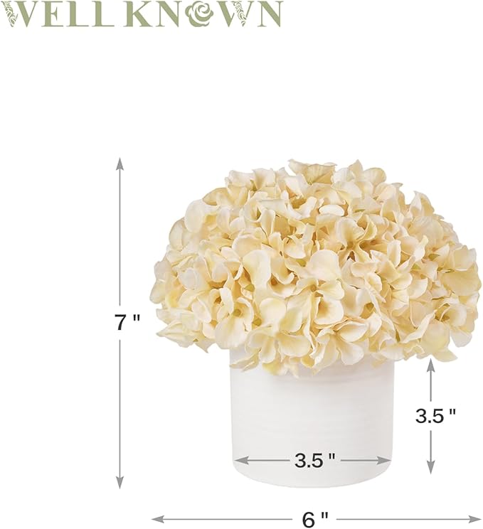 Hydrangea Fake Flowers in Vase, Artificial Flowers with Ceramic Vase Small Faux Potted Floral Arrangement for Bathroom Home Desk Kitchen Counter Vanity Shelf Coffee Table Centerpiece Decor (Champagne)