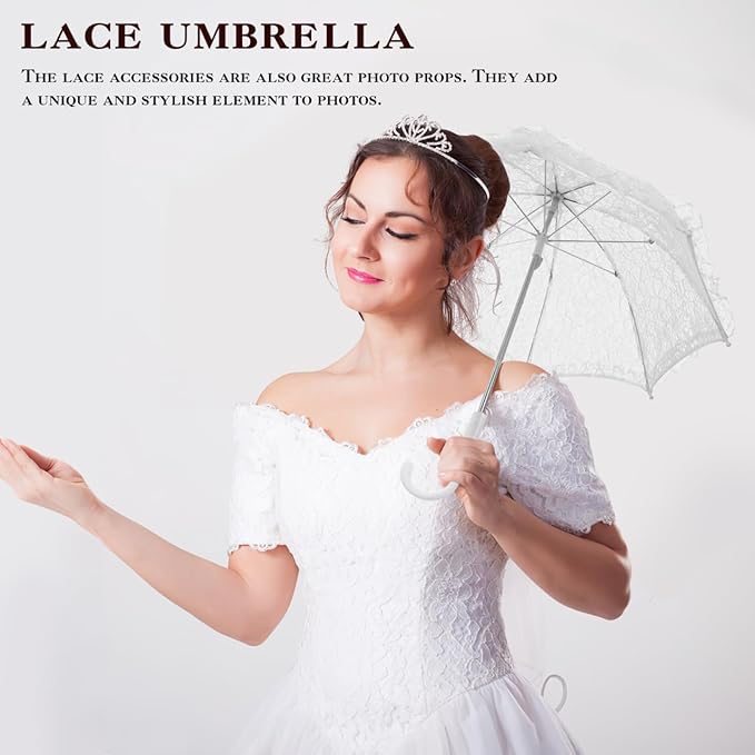 Mini Lace Umbrellas, White Embroidery Parasol Floral Lace Wrist Gloves for Women Vintage Bridal Umbrella Set for Wedding Tea Party Photography Props