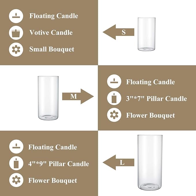 Hurricane Glass Candle Holder Clear Cylinder Vases, Pillar Candle Holders for Floating Candles Table Centerpiece Modern Vases for Weeding Centerpieces Decoration Party Home Decor (1 Set, S+M+L)