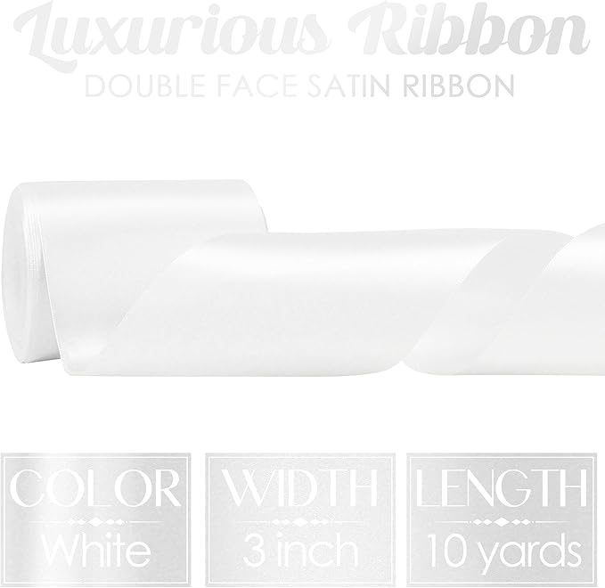 MEEDEE White Satin 3 Inch Ribbon Lux Double Faced Satin Ribbon by 10 Yards Extra Wide Silk Ribbons White Fabric Ribbons for Christmas Tree, Crafts, Weddings Decor