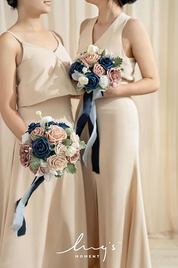 Ling's moment Artificial Flowers Dusty Rose Pink & Navy Blue Bridesmaid Bouquet Set of 4, Wedding Flowers Bouquets for Bridesmaids, 7 Inch Bridal Bouquets for Bridesmaids, Wedding, etc