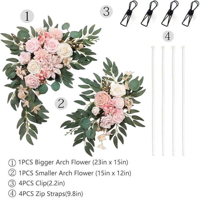 Artificial Flower Swag Wedding Arch Flowers Set of 2 Rose Flower Swag Arrangements for Wedding Party Welcome Ceremony Sign and Reception Backdrop Floral Decoration (Pink)