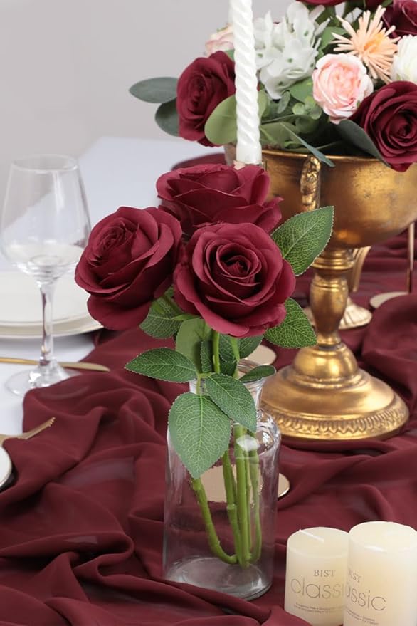 50pcs Roses Artificial Flowers Fake Flowers with Long Stems Burgundy Silk Flowers for Wedding Bouquet Centerpices Decorations Party Bridal Baby Shower Home Decor