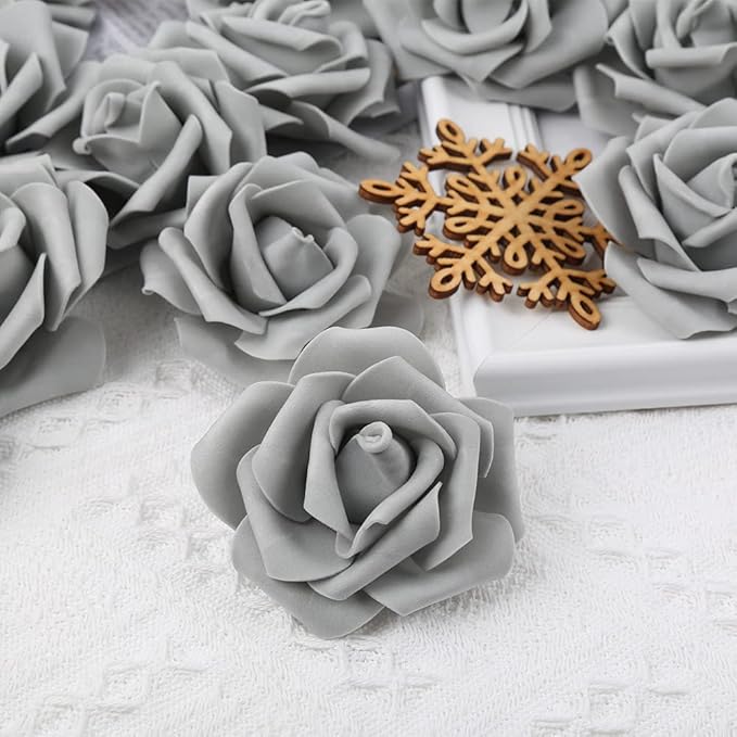 Artificial Rose Flower Heads, 100pcs Gray Roses Artificial Flower Foam Rose for DIY Wedding Bouquets Centerpieces Arrangements Party Baby Shower Home Decor (Stemless,Gray)