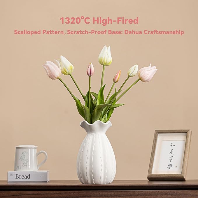 White Ceramic Vase with Ruffled Rim & Scalloped Texture - 8.5" Unique Flower Vase for Pampas Grass & Centerpieces, Decorative Boho/Farmhouse Vase for Living Room, Office Desk & Gift for Her/Yourself
