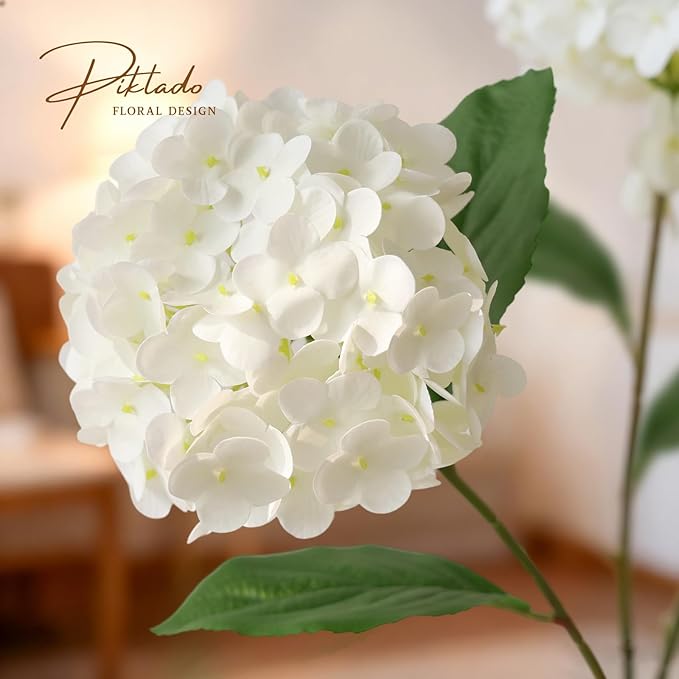 2 Bunchs 21in.White Real Touch Hydrangea Artificial Flowers,with 10pcs Flower Heads 20pcs Green Leaves. Faux Hydrangea Flowers. for Home Office Decor Wedding Party Arrangements (2, White)