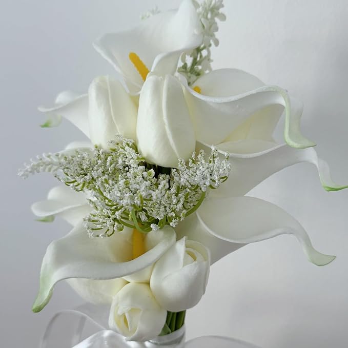 Floral Bouquet 10 Artificial Calla Lilies with 8 Artificial Tulip Flowers, Bridesmaid Bouquet with Wedding Ceremony Festivals Anniversary Bridal Rehearsal Party Bar Table Decor (White)