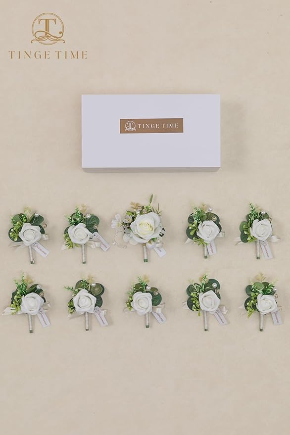 TINGE TIME Boutonniere for Men Wedding,Groom and Best Man Boutonniere for Weddings Ceremony Anniversary, Formal Dinner Party and Rustic Spring Wedding Marriage (10, IvoryWhiteRose)
