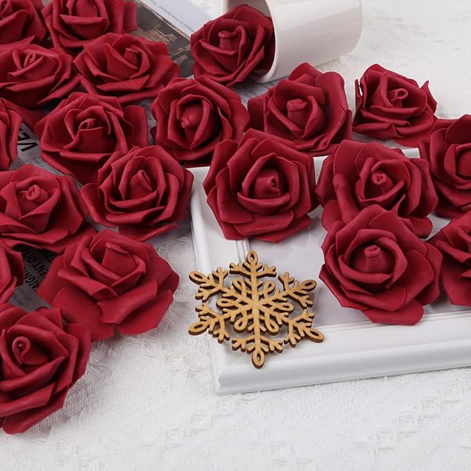IPOPU Artificial Rose Flower Heads, 100 Pcs Real Looking Burgundy Foam Fake Roses for DIY Wedding Baby Shower Centerpieces Arrangements Party Tables Home Decorations (Wine red, Stemless)
