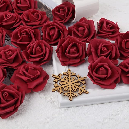 200pcs Burgundy Artificial Foam Rose Flower Head, 3-Inch Fake Flower Heads Stemless Rose Flowers Bulk for DIY Crafts,Wedding Bouquets Party Baby Shower Home Decor (Burgundy)