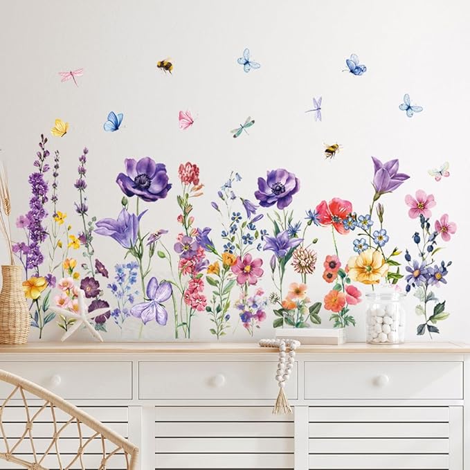 Colorful Wildflower Wall Stickers Spring Flower Butterflies Dragonflies Floral Botanical Wall Decals Peel and Stick Wall Art Stickers for Baby Nursery Girls Bedroom Kids Room Wall Decor