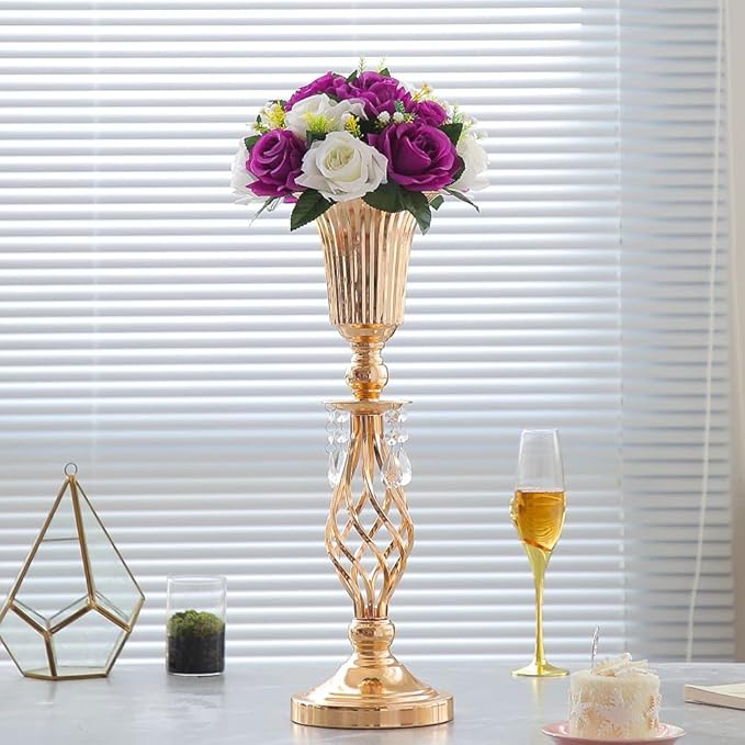 2 Pcs Beaded Crystal Gold Trumpet Vase, Elegant Metal Floral Centerpiece, Perfect for Wedding Banquets, Birthdays, Anniversaries, Holiday Parties and Other Important Event Centerpieces(20.2")