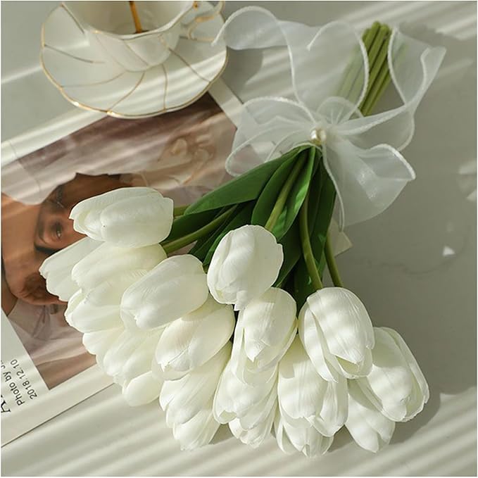 18pcs Artificial Tulips 13" PU Artificial Flowers for Family Friends Gifts DIY Flower Arrangement Home Kitchen Office Party Wedding Dining Table Decoration, White