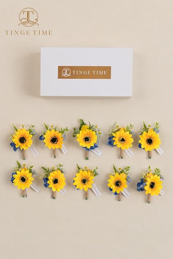 TINGE TIME Boutonniere for Men Wedding,Groom and Best Man Boutonniere for Wedding Ceremony Anniversary, Formal Dinner Party and Rustic Summer Weddings Marriage (Sunflower&RoyalBlue)