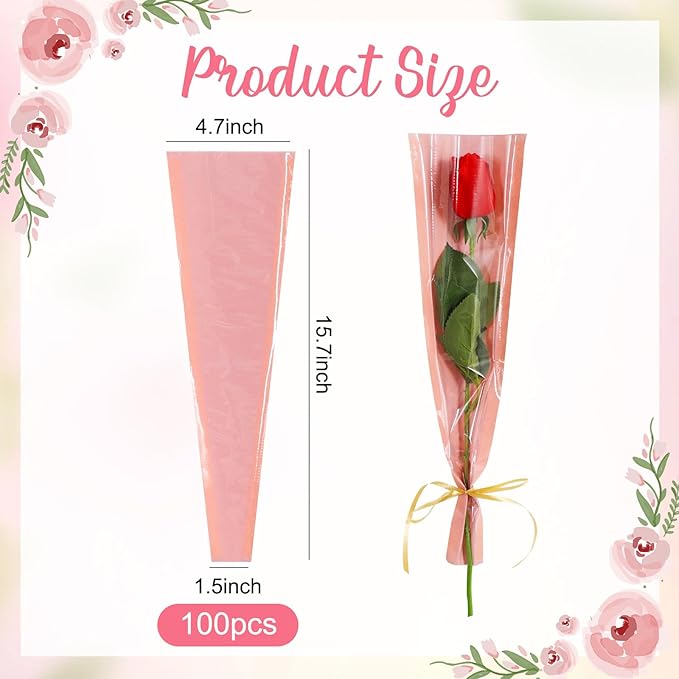 BEISHIDA 100 Pcs Single Rose Sleeve Bouquet Bags Kraft Paper Flower Bouquet Wrapping Paper Clear Single Flower Sleeve Rose Packaging For Mother's Day,Wedding,Valentine's Day(15.7 X 4.7in-Pink)