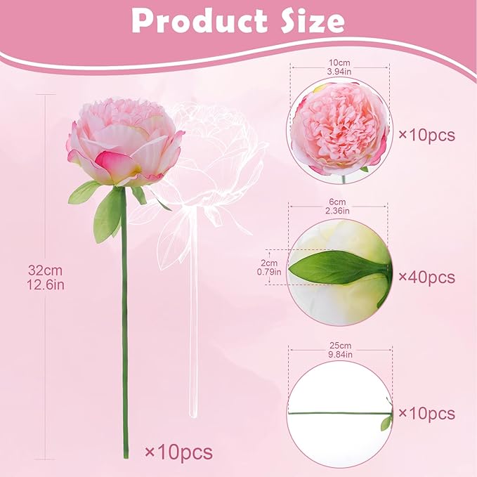 10PCS Pink Realistic Artificial Flowers Peony Fake Silk for Home Office Wedding Table Centerpieces Party Festival Bar Decoration Indoor