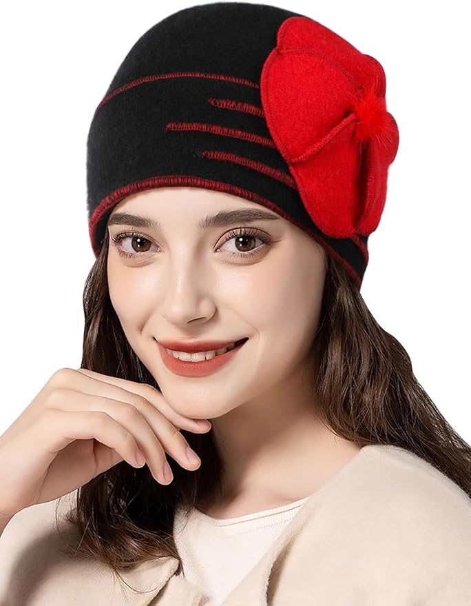 Sumolux Beanie Hats for Women Wool Skull Cap Beret Floral Cuffed French Vintage Dress Cloche Classic Winter 1920s