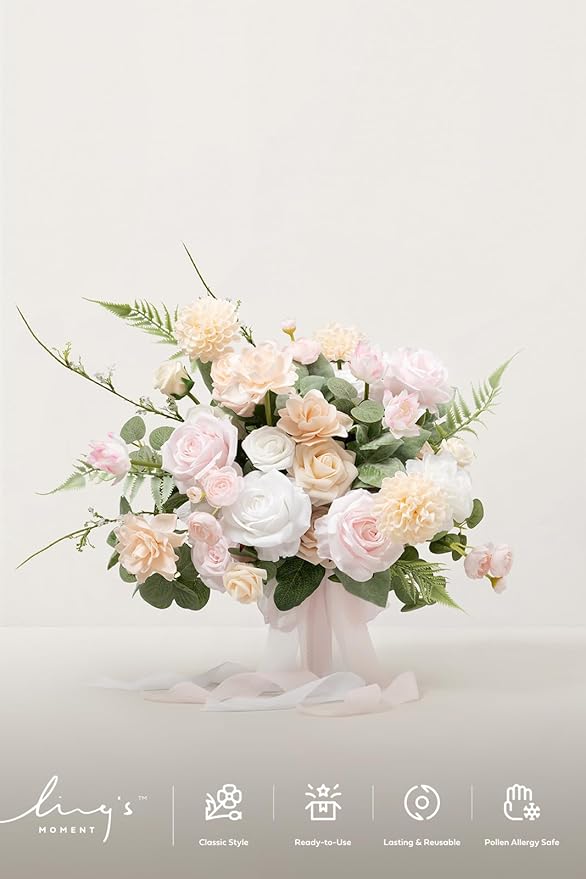 Ling's moment Blush Pink Bridal Bouquet Cascading, Coral Wedding Bouquets for Bride, 15 Inch Free Form Artificial Wedding Flower Bouquet