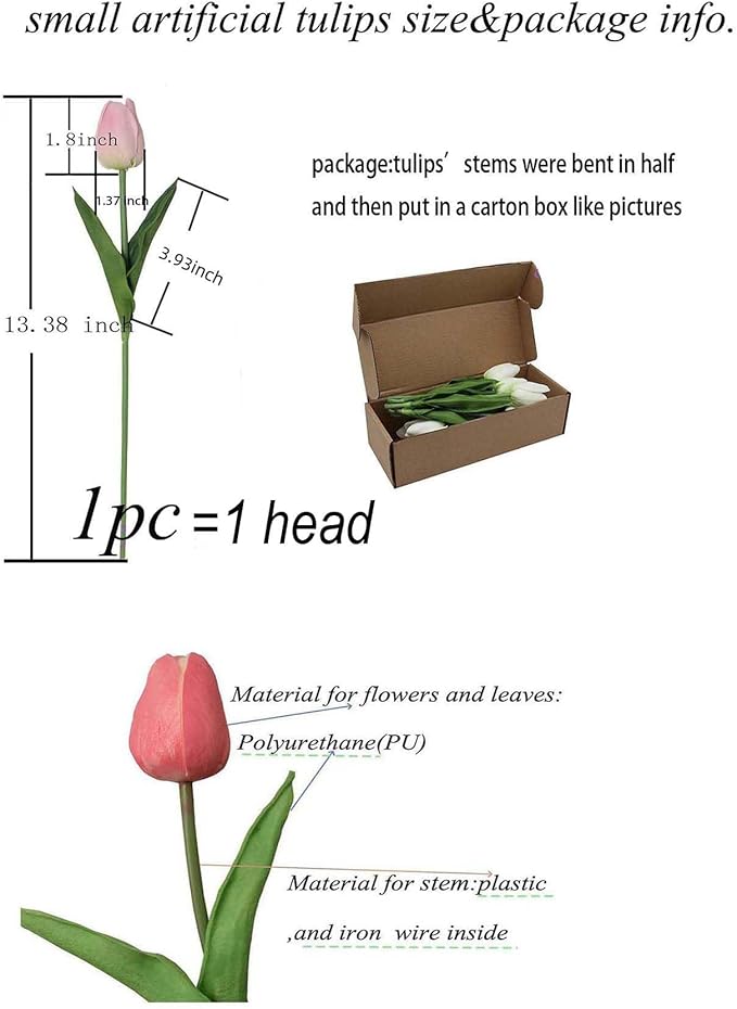 Artificial Flowers 10 Heads Mini Real Touch Artificial Tulip for Home Wedding Party Centerpiece Decoration (Green&Pink)