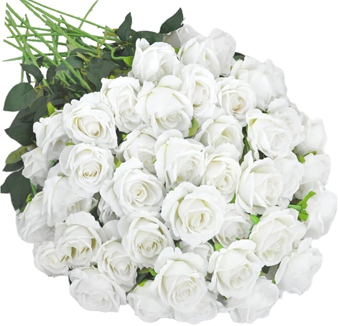 Artificial Roses 50PCS Large Velvet Rose 4.14" Real Touch Fake Flowers in Bulk for Flower Arrangement Wedding Centerpieces Home Party Decor (White)