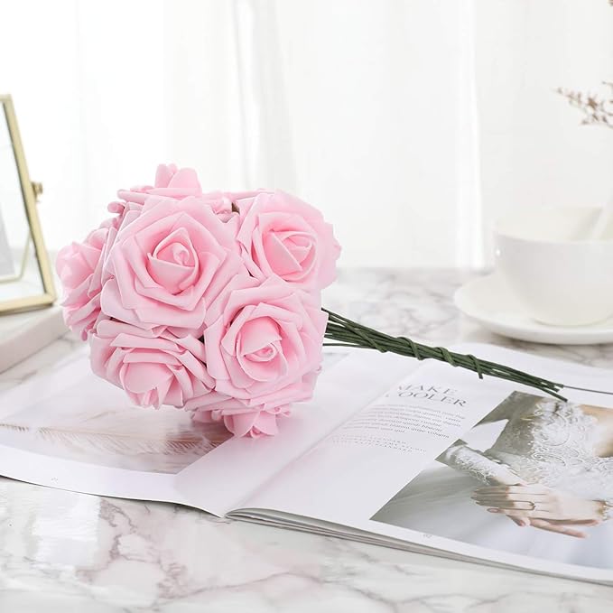 DerBlue 60pcs Artificial Roses Flowers Real Looking Fake Roses Artificial Foam Roses Decoration DIY for Wedding,Arrangements Party Home Decorations