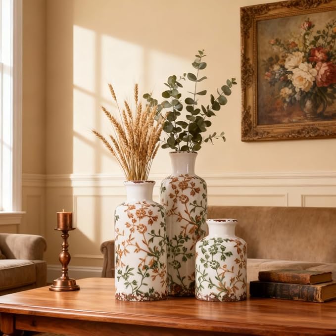 Farmhouse Ceramic Vase Set of 3 – Rustic Floral Pattern Decorative Vases for Home Decor, Vintage Country Style Table Centerpieces for Living Room, Shelf, Mantel & Entryway Decoration