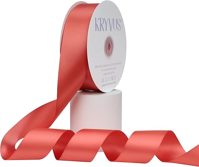 Coral Satin Ribbon, Double Faced 1-1/2 Inch X 50 Yards Coral Ribbon, for Gift Wrapping, Crafts, Hair Bow Making, Sewing, Flower Bouquet, Wedding Party Decor
