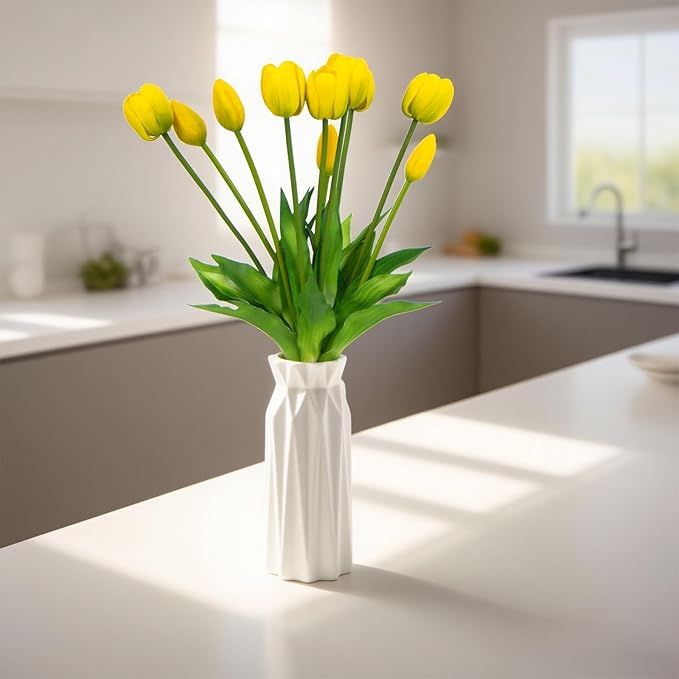 10 Pack Real Touch Tulips Artificial Flowers, 15.7 Inch Bendable Latex Tulips - No Maintenance Faux Flowers for Vase, Home Decor, Wedding Centerpiece (Yellow)