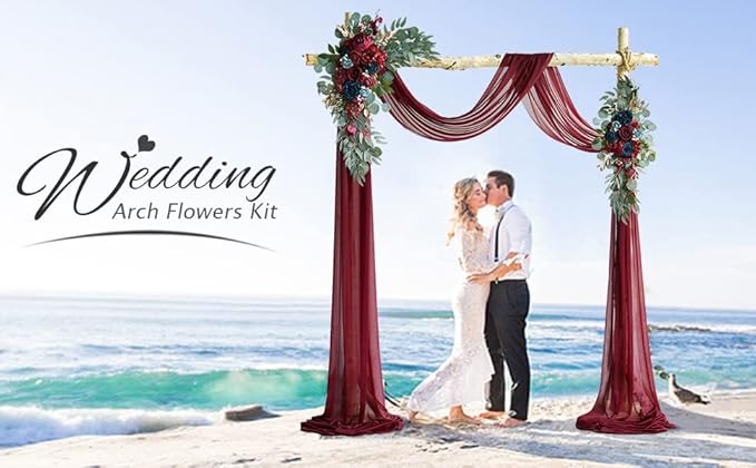 ponatia Artificial Wedding Arch Flowers Kit(Pack of 3), Burgundy Flowers with 26Ft Shiny Arch Draping Fabric, Navy Arch Flowers for Wedding Decoration, Wedding Ceremony Reception Backdrop Decorations