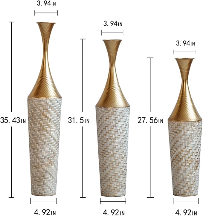 Floor Vases Decorative Tall, Set of 3 Flower Arrangement Stand for Living Room, Bedroom, Room Empty Corner Metal Gold Flower Vase Champgne & White