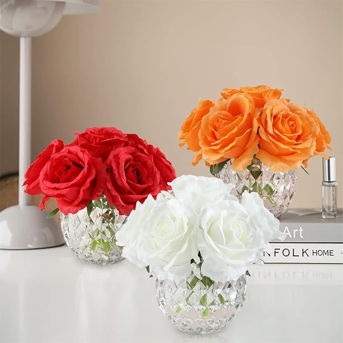 7 Large Stem Orange Rose Artificial Flowers in Vase, Silk Flowers Arrangement in Round Glass Vase Without Water for Home Decor, Wedding Table (Orange)