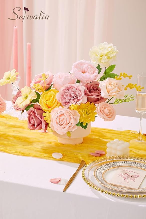 Serwalin Artificial Flowers,Pink Yellow Silk Fake Flowers Box for DIY Wedding Bridal Bouquet, Wedding Cake Flowers for Table Centerpieces Birthday Party Bridal Shower Home Decorations