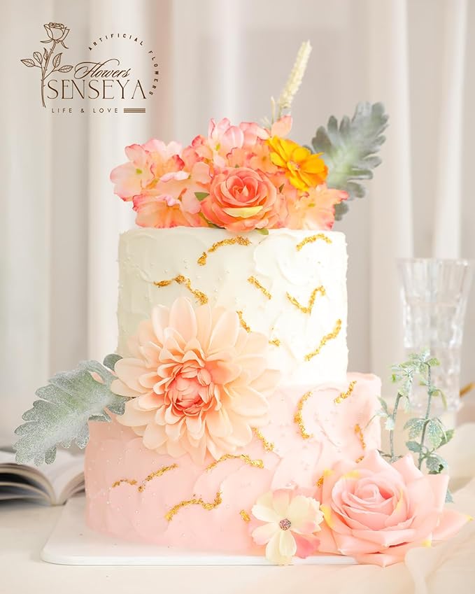 Senseya Artificial Flowers Combo, Champagne Silk Roses, Peonies, Dahlias with Stems for DIY Wedding Bouquets, Baby Shower, Table Centerpieces, Home Decor, Fake Floral Arrangements, Party Decorations
