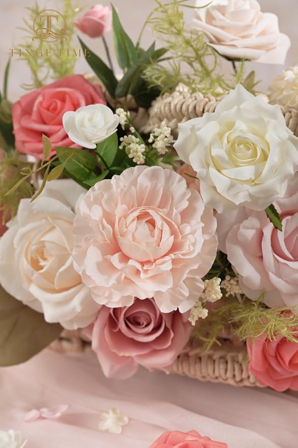 TINGE TIME Artificial Flowers Combo Mix Silk Flowers Pink Roses w/stem for DIY Wedding Bridal Bouquets Baby Shower Floral Arrangement Table Centerpieces Home Decorations (Pink & Champagne)