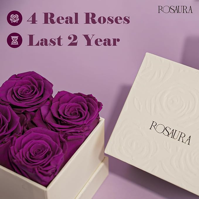 Rosaura 4-Piece Eternal Preserved Roses & Flowers Gift Box - Forever Lasting Real Roses, Preserved Flowers for Valentine's Day Purple